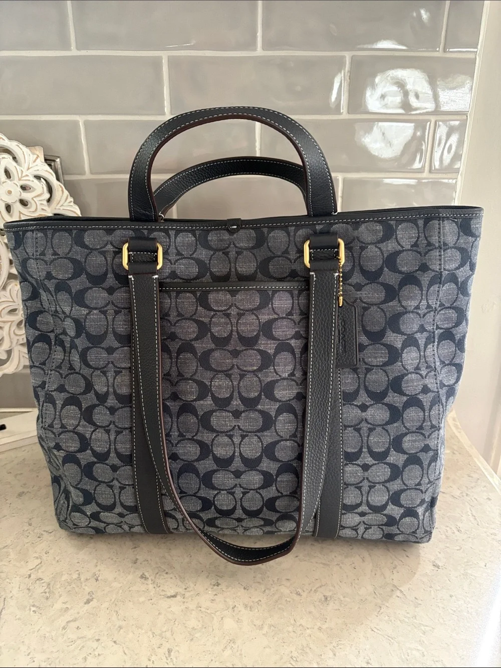 Coach Hudson Double Handle Tote Chambray Denim Leather Tote CH827
